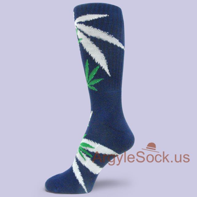 White & Green Marijuana Weed Leaf Navy (Midnight) Blue Socks