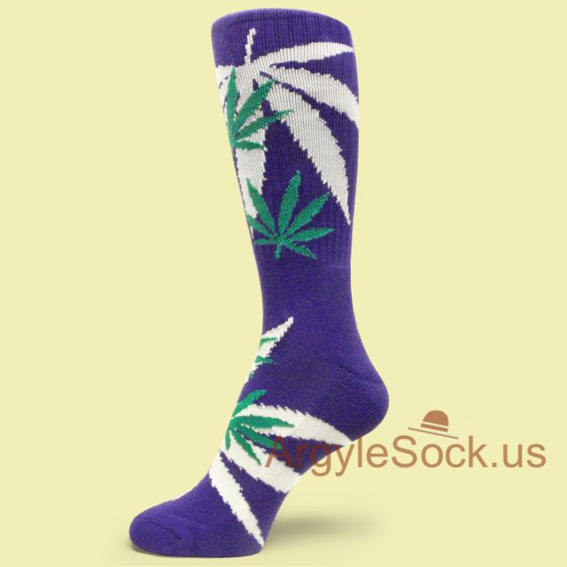White & Bright Teal Marijuana Weed Leaf Violet Purple Mens Socks