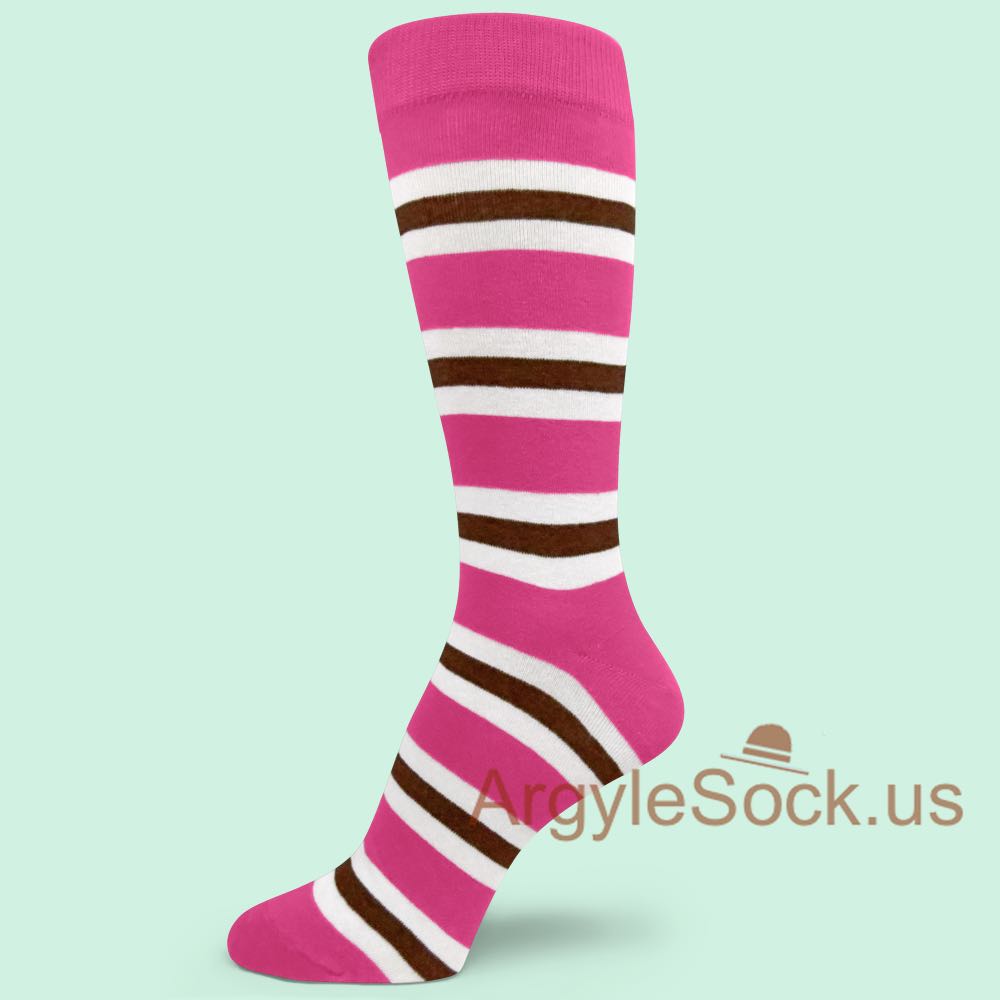 White Dark Brown Stripes on Hot Pink Man's Dress Socks