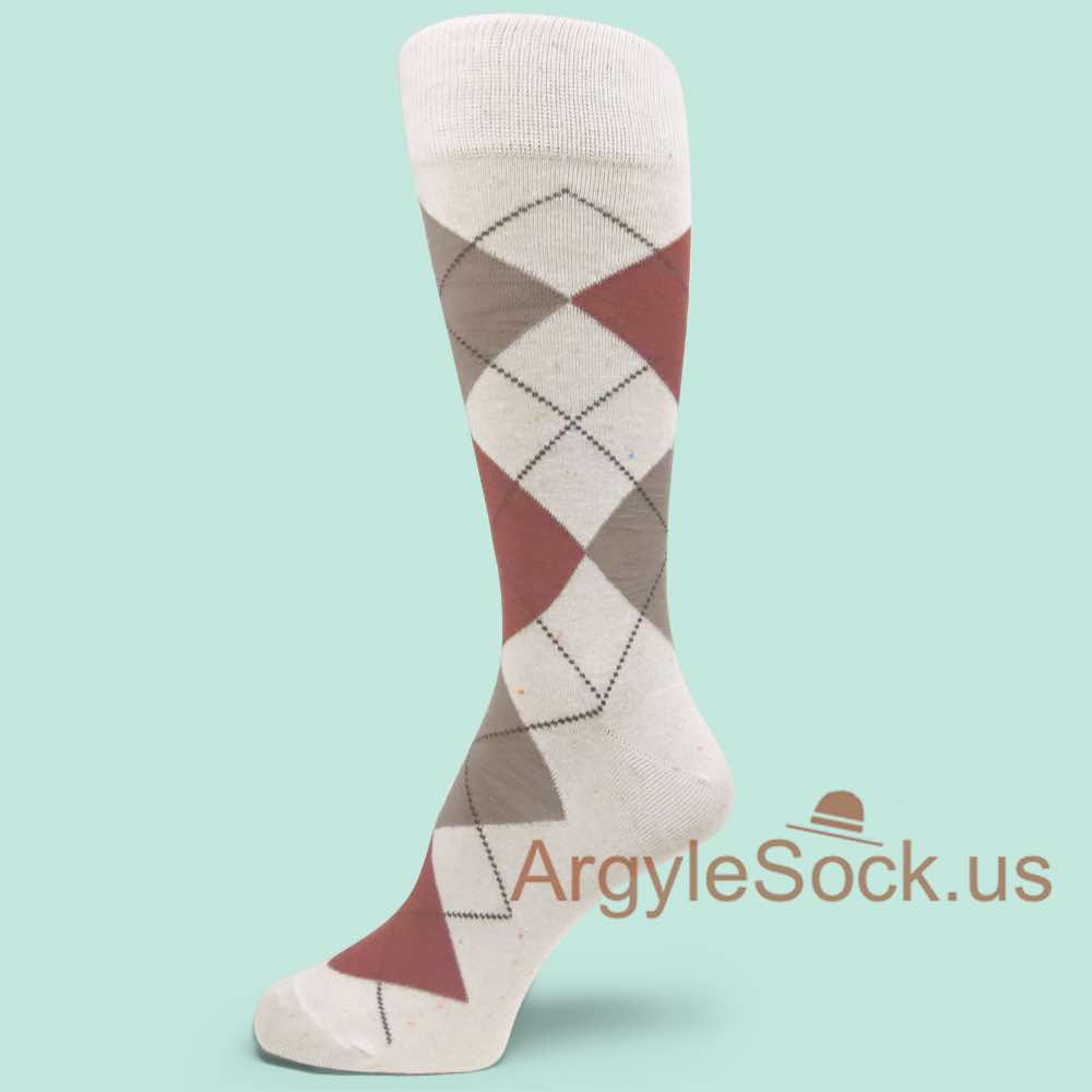 Speckled White with Brown and Khaki Grey Argyle Socks for Men