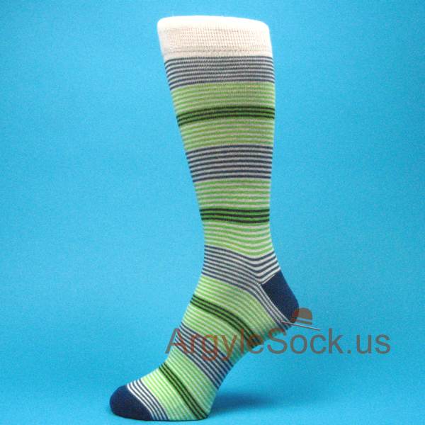 White Men's Socks with Thin Lime Green & Blue Brown Stripes
