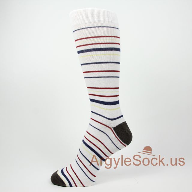 White Men's Socks with Blue Burgundy/Maroon Yellow Stripes