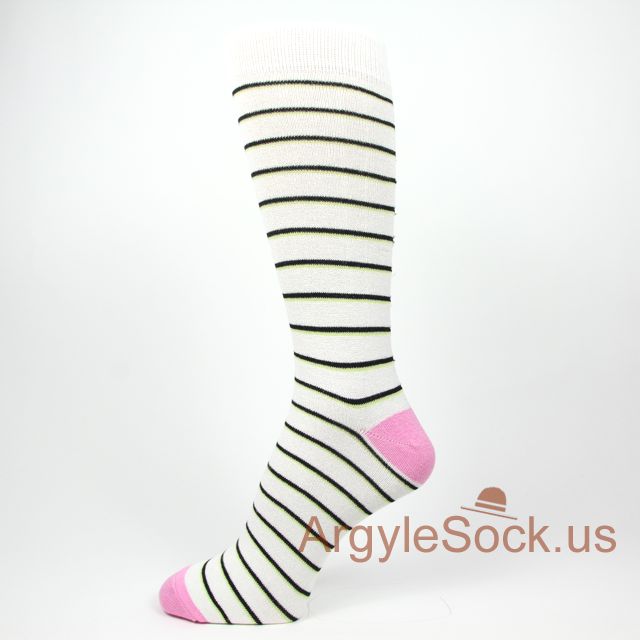 White Socks for Men with Pink Toe & Heel Neon Green Black Stripe