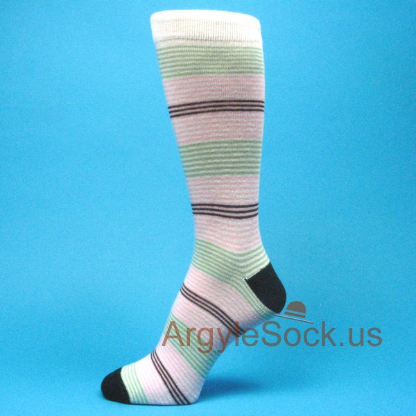 White with Thin Light Pink Light Green Black Stripes Mens Socks