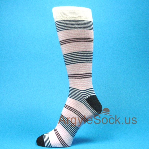 White with Thin Light Pink Navy Blue Brown Striped Mans Socks