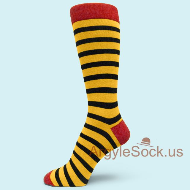 Yellow Black Striped Dress Socks for Men with Chinese Red Toe