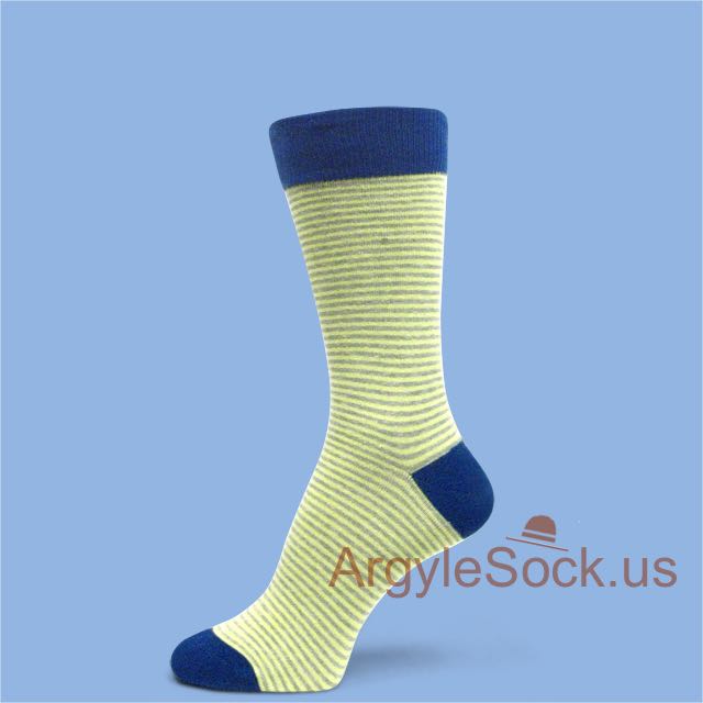 Light Yellow Grey Thin Striped Dress Socks for Men with Navy Toe
