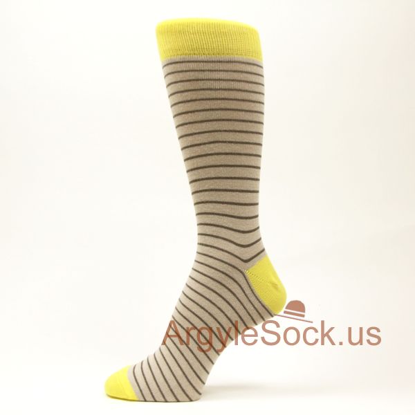 Yellow Beige Charcoal Dark Gray Stripes Mans Dress Socks