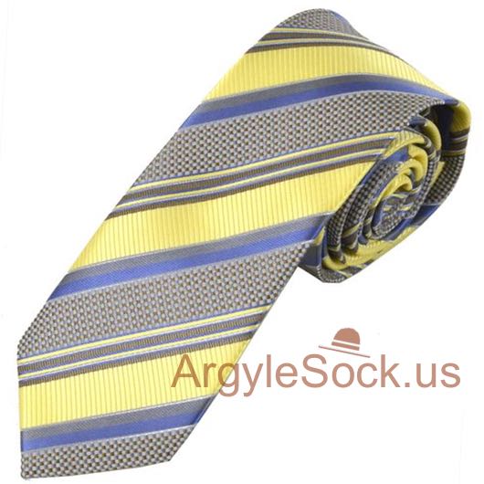 Light Yellow Blue Gray Stripe Groomsmen Men 2.75" SLIM Tie