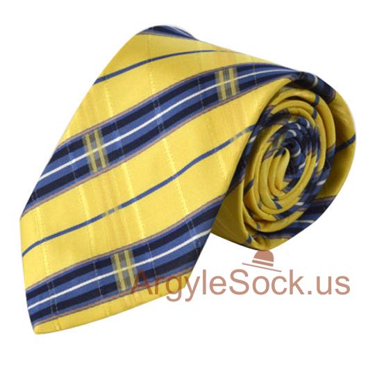 Light Yellow Blue Navy Plaid/Tartan Checkered Mens/Groomsmen Tie