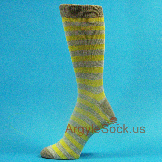 Dull Yellow x Gray Stripe Man Dress Sock w/ Khaki Toe Heel Welt
