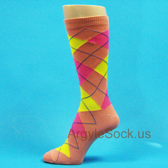 Bright Yellow & Hot Pink on Peach Argyle Socks for Man