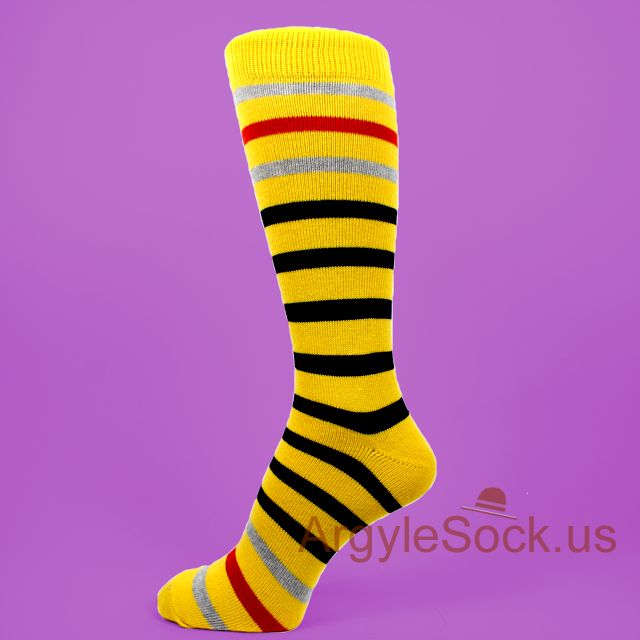 Yellow Men's Socks with Black Red Light Gray Stripes