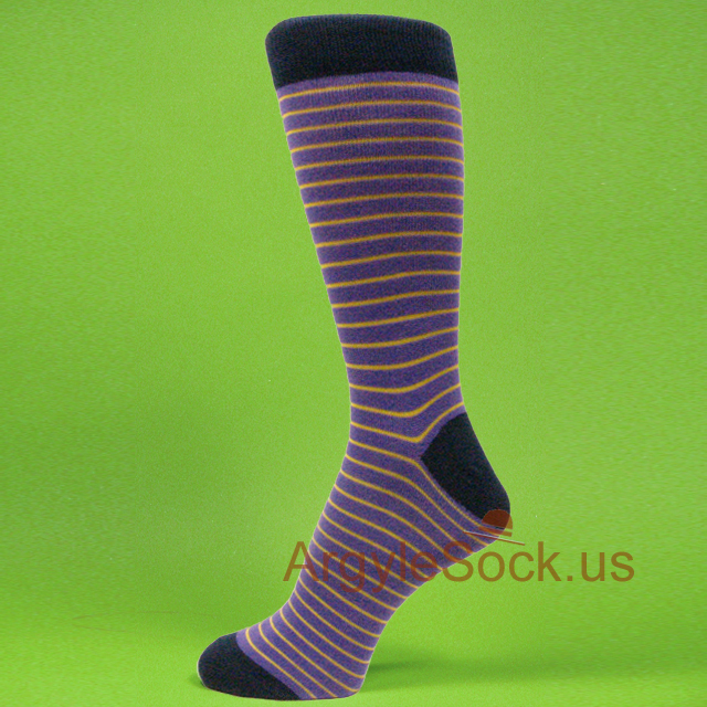 Yellow Striped Purple Mans Dress Socks with Navy Blue Toe & Welt