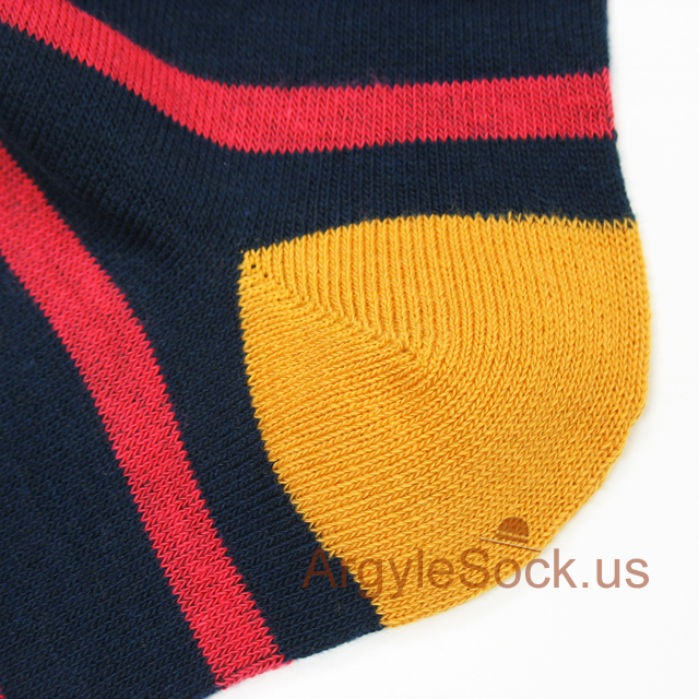 navy and red striped mens sock with tan heel toe