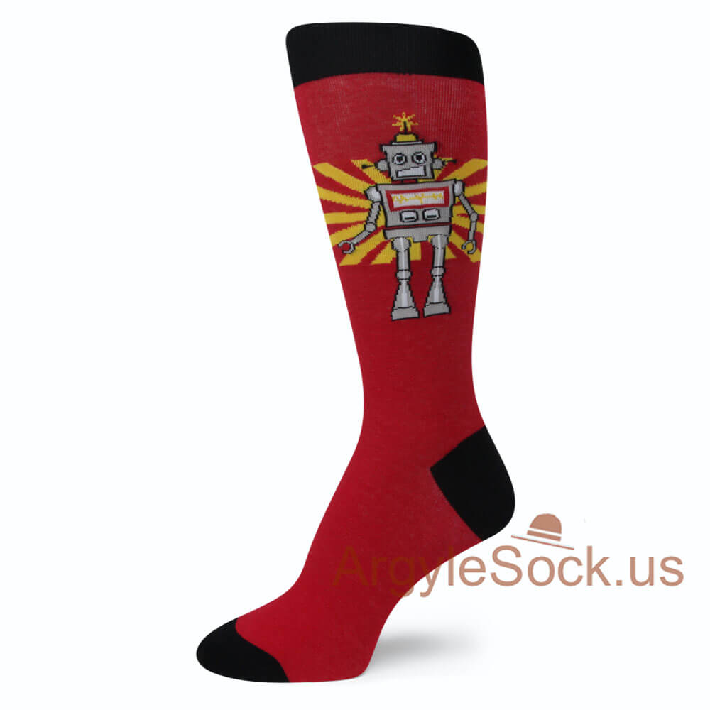 RED WITH GRAY ROBOT MANS SOCKS WITH BLACK TOE & HEEL