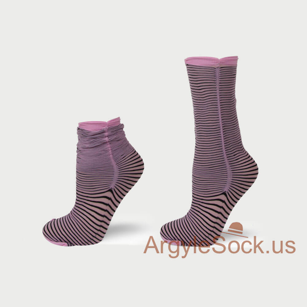 Black Pink Sheer Stripe Rouched Womens Socks