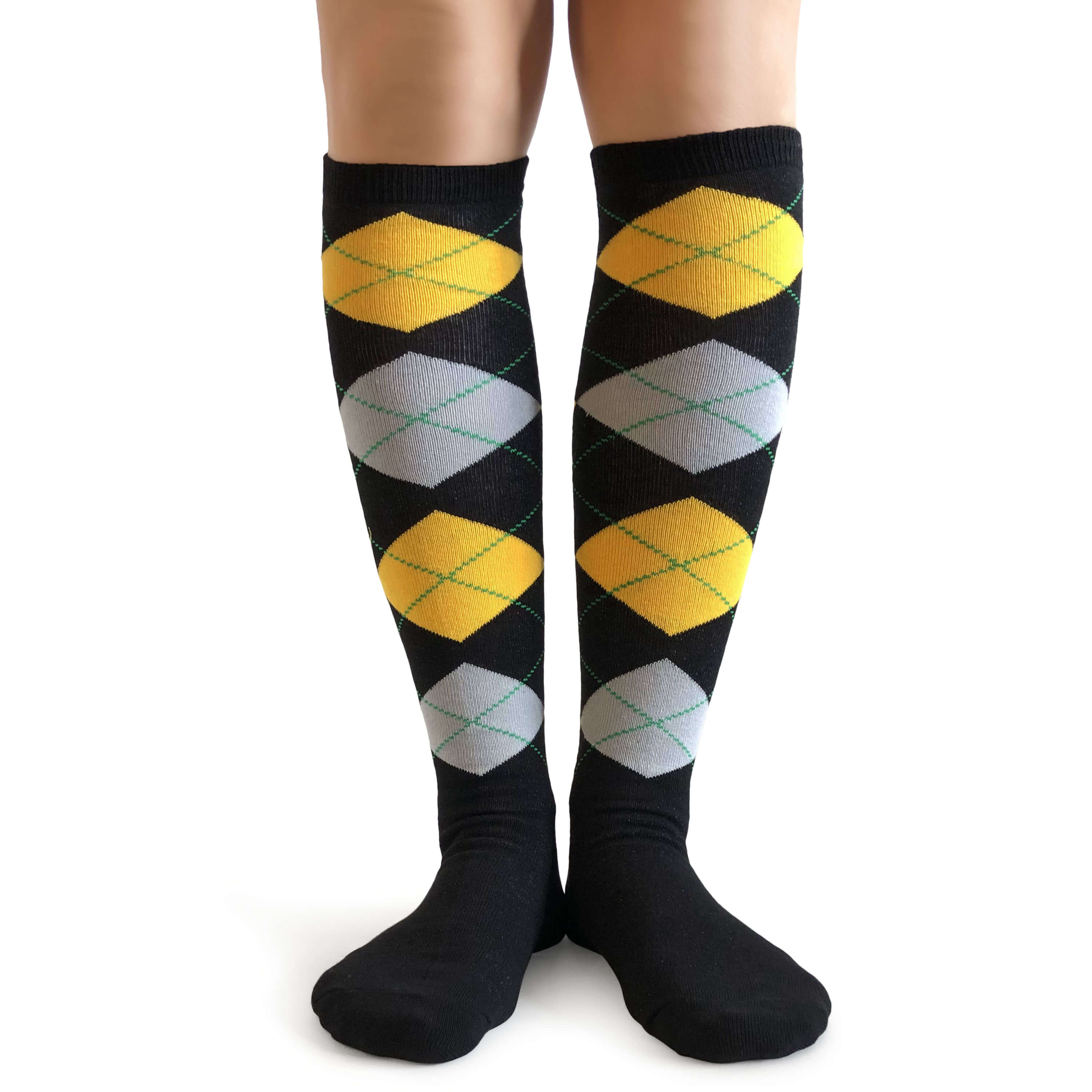 Black, Gold Yellow, Light Gray Womens Argyle Knee High Socks