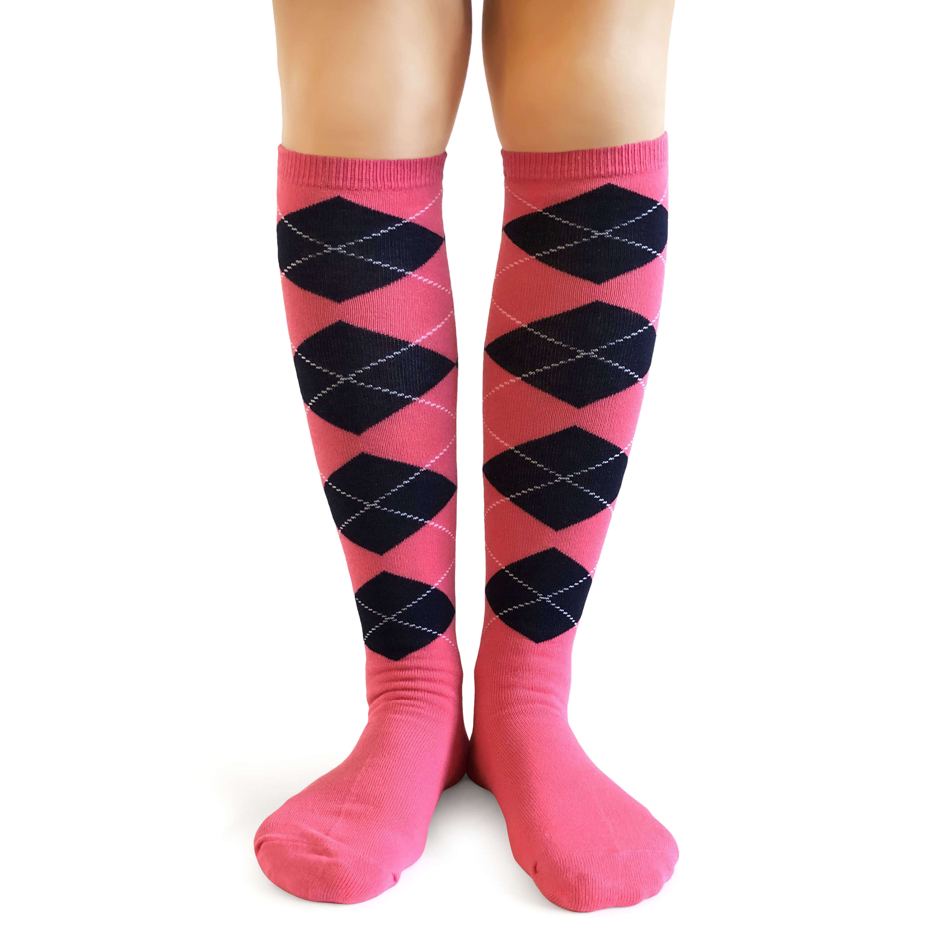 Bright Pink Navy/Mid-Night Blue Argyle Knee High Socks
