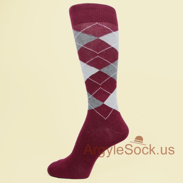 Maroon/Burgundy Men Groomsmen Sock w/ Light&Heather Gray Argyle