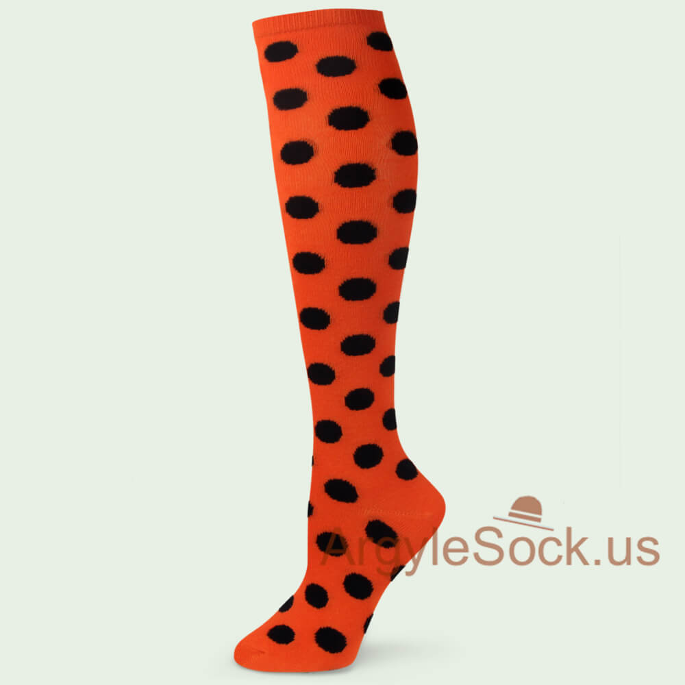 Orange w/ Black Polka Dots Women's Knee Socks (MA063 Matching)