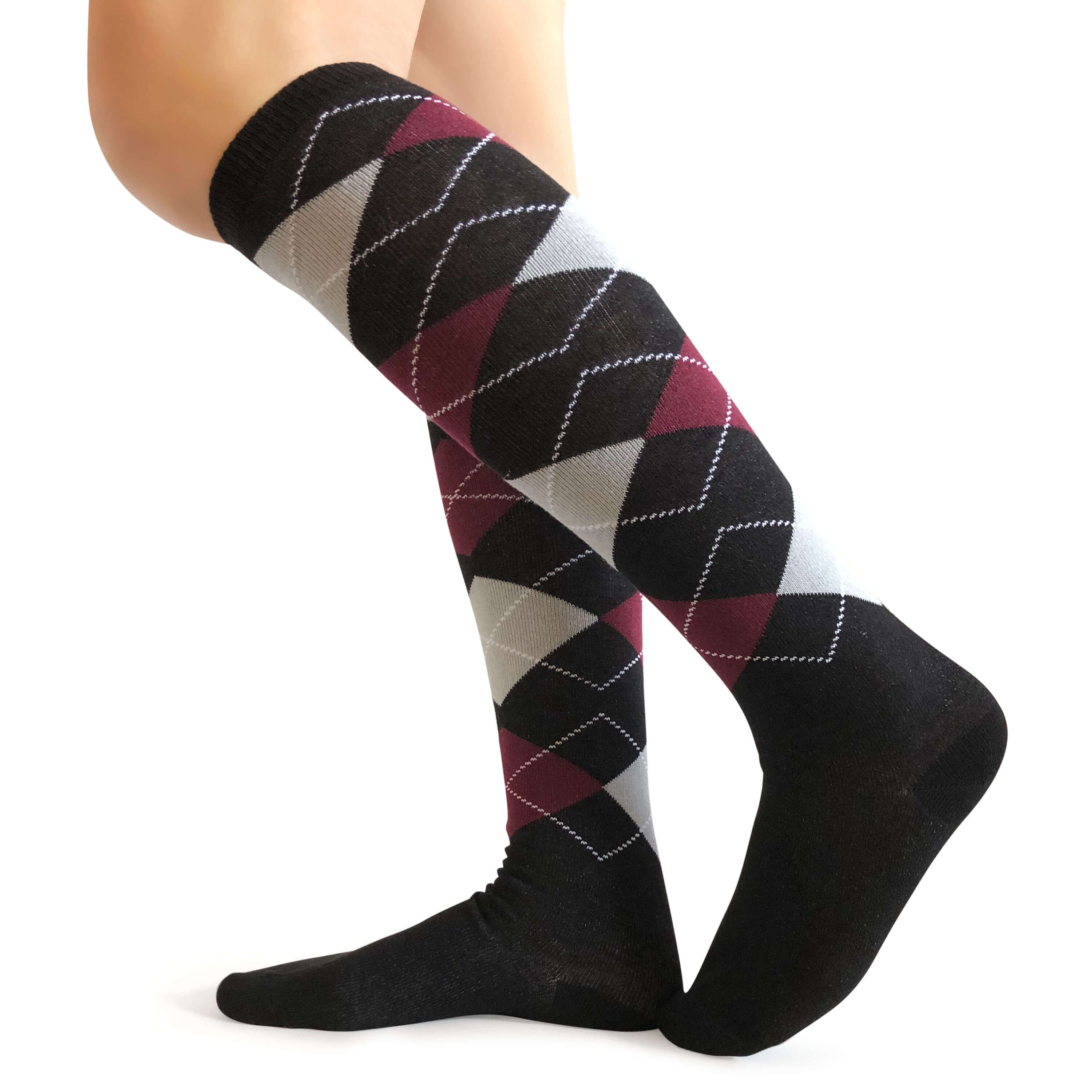 Burgundy (Maroon) & Grey Argyle Black Knee High Socks : Groomsmen Socks  Gift, Argyle Socks For Men and more