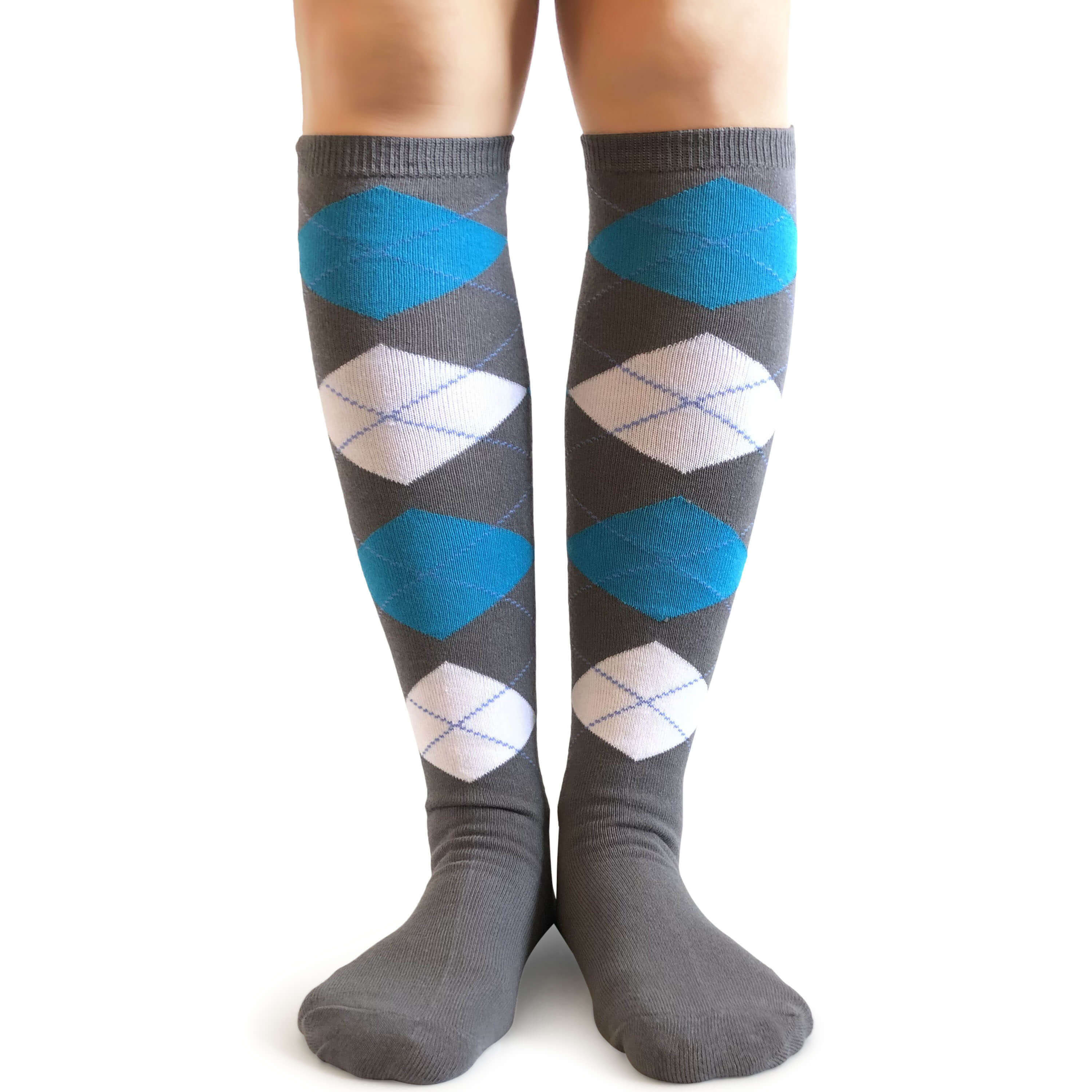 Charcoal Grey with Turquoise & White Argyle Knee High Socks