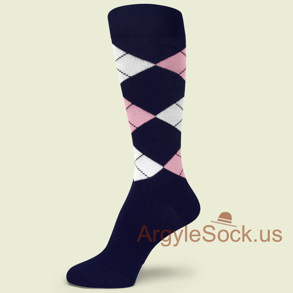 Navy Blue With Light Pink and White Argyle Socks for men