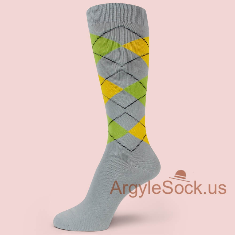 Grey with Yellow & Lime Green Mens/Groomsmen Argyle Dress Socks
