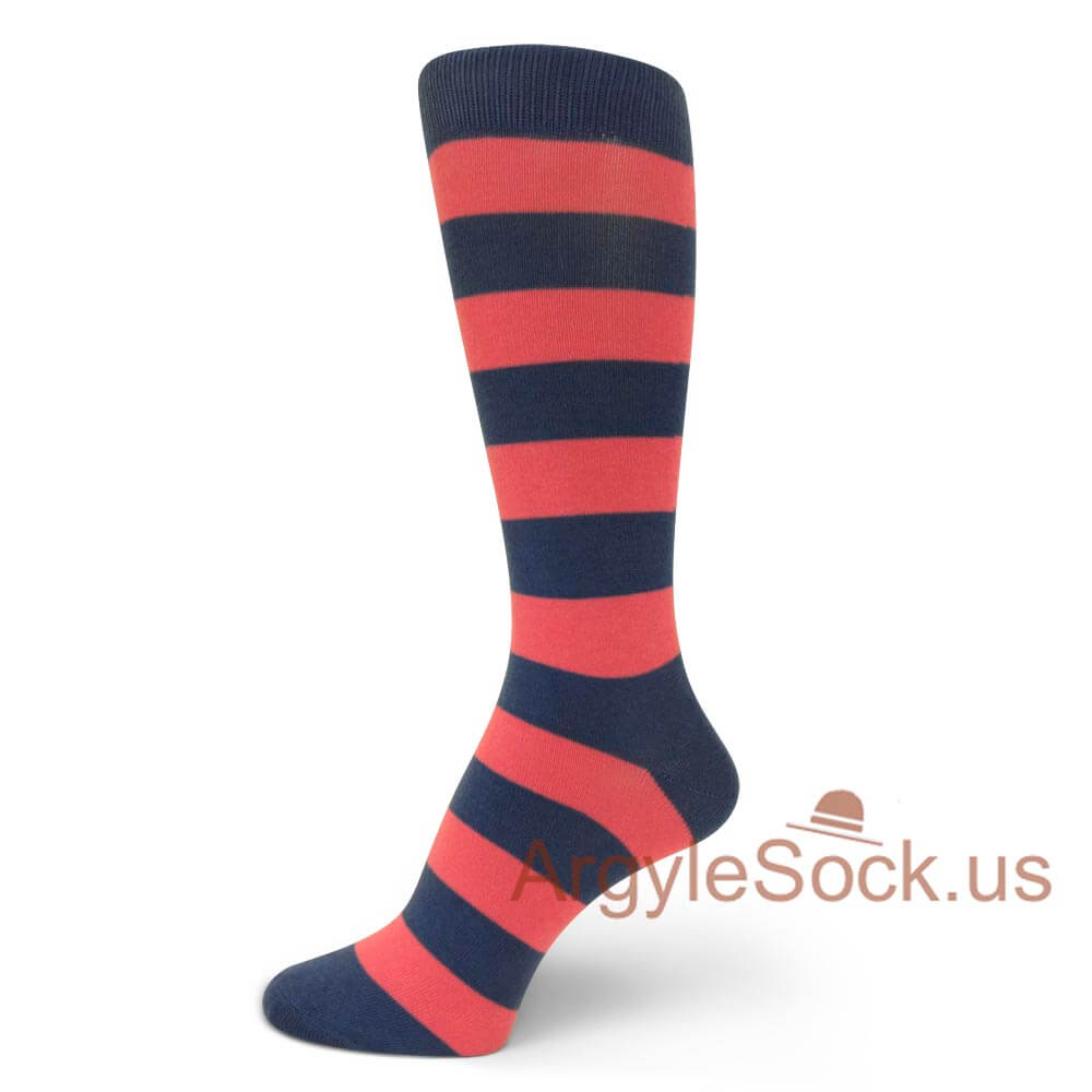 Pink and Dark Blue Striped Men's Dress Socks