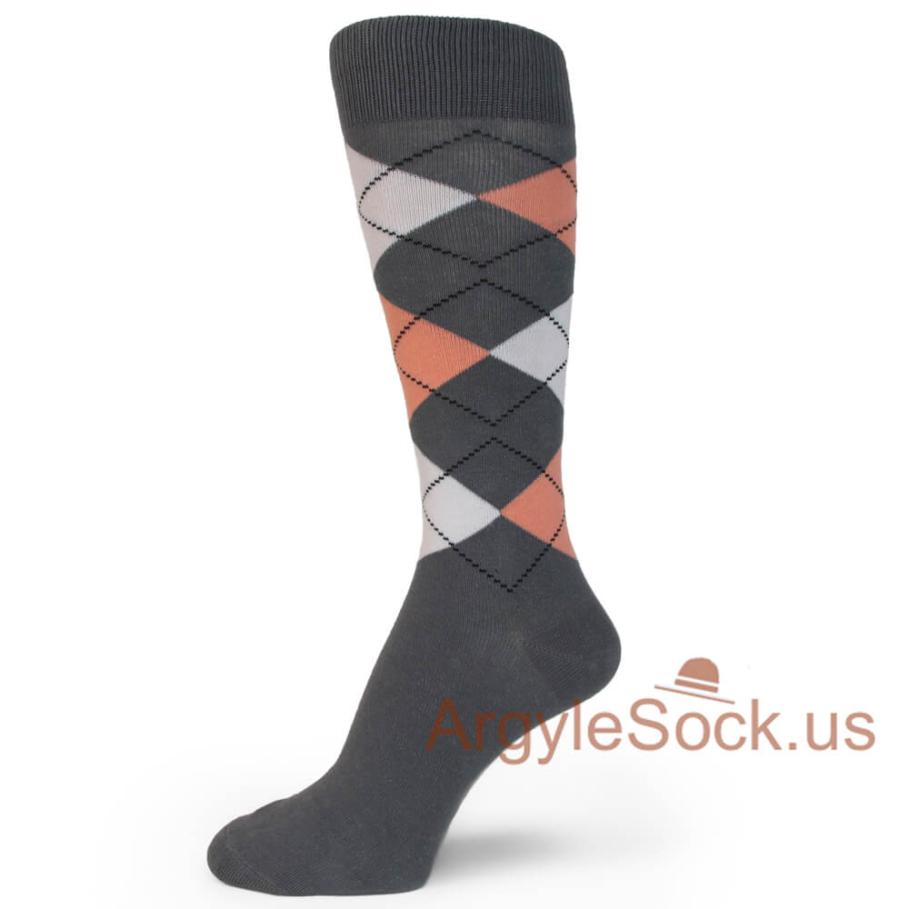 Dark Grey with Peach and White Mens/Groomsmen Gift Argyle Socks