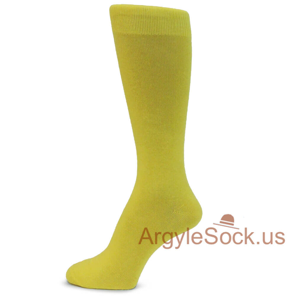 Bright Yellow Plain Solid Cotton Men's Mid-Calf Dress Socks