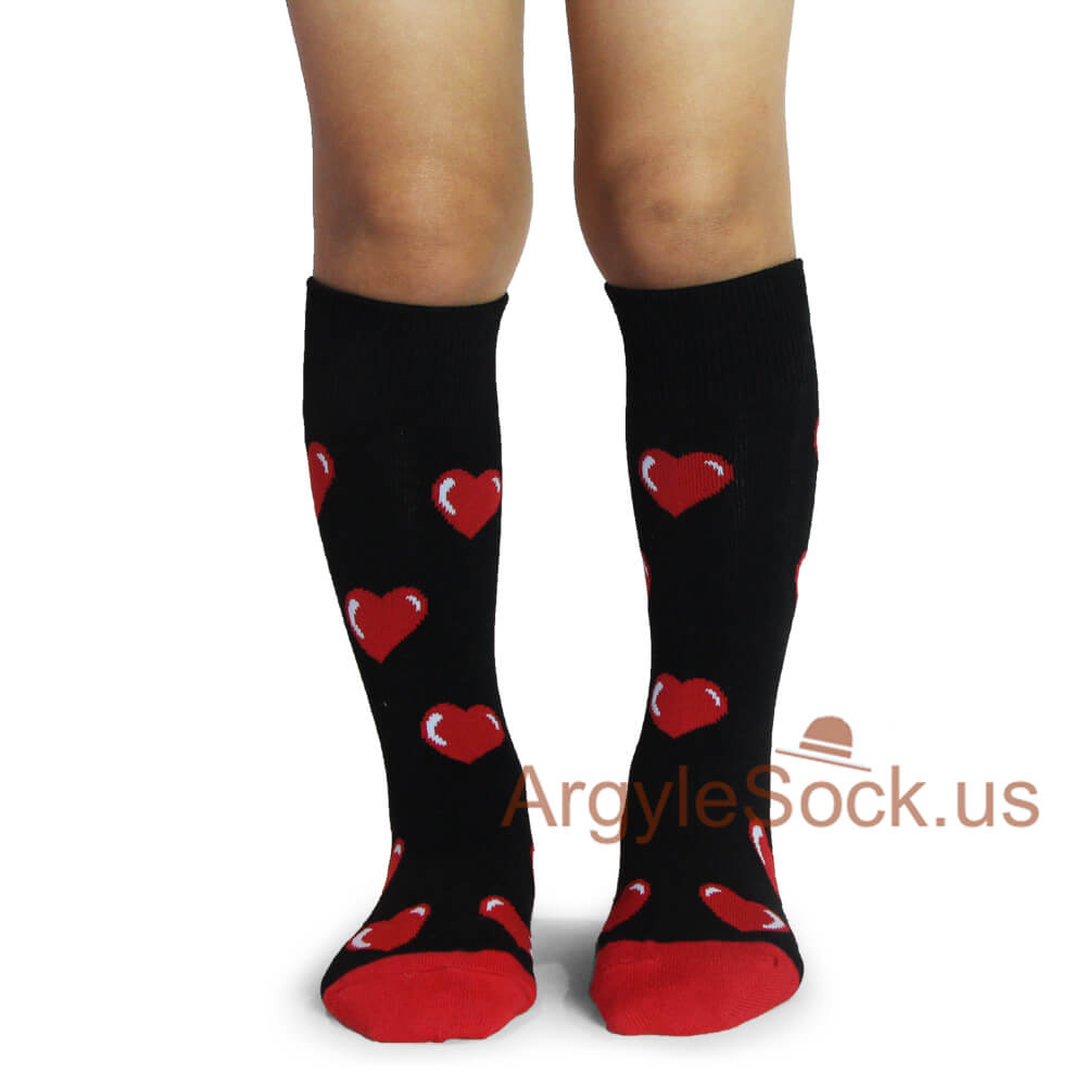 Red Hearts Black Valentin's Kids Socks (Adult MA622 Matching)