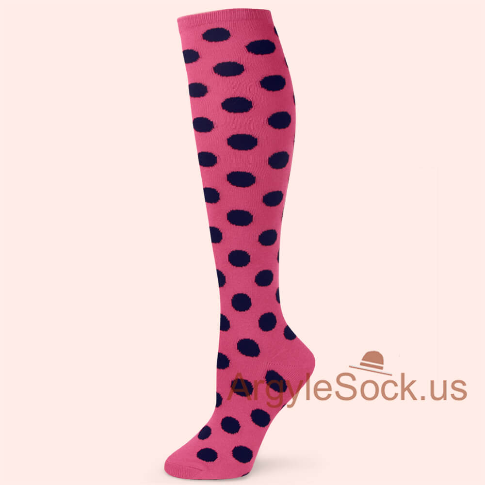 Bright Pink w/ Navy Blue Polka Dots Knee Socks (MA057 Matching)