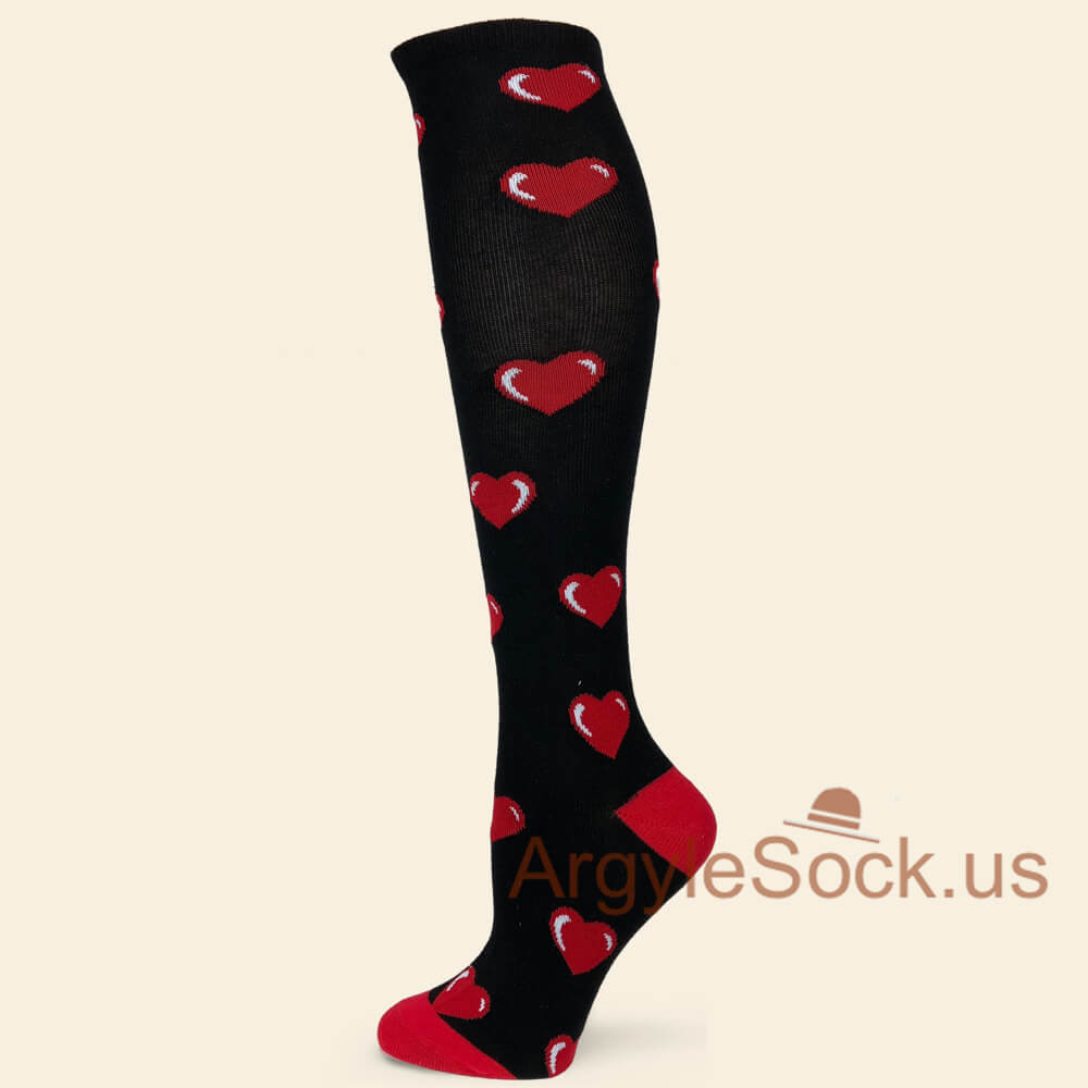 Valentine's Day Large Red Hearts Women's Black Knee High Socks