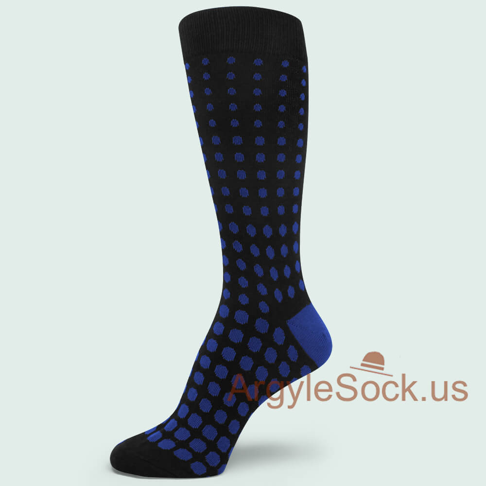 Blue Polka dot bubbles Black Mans Socks with Blue Heel
