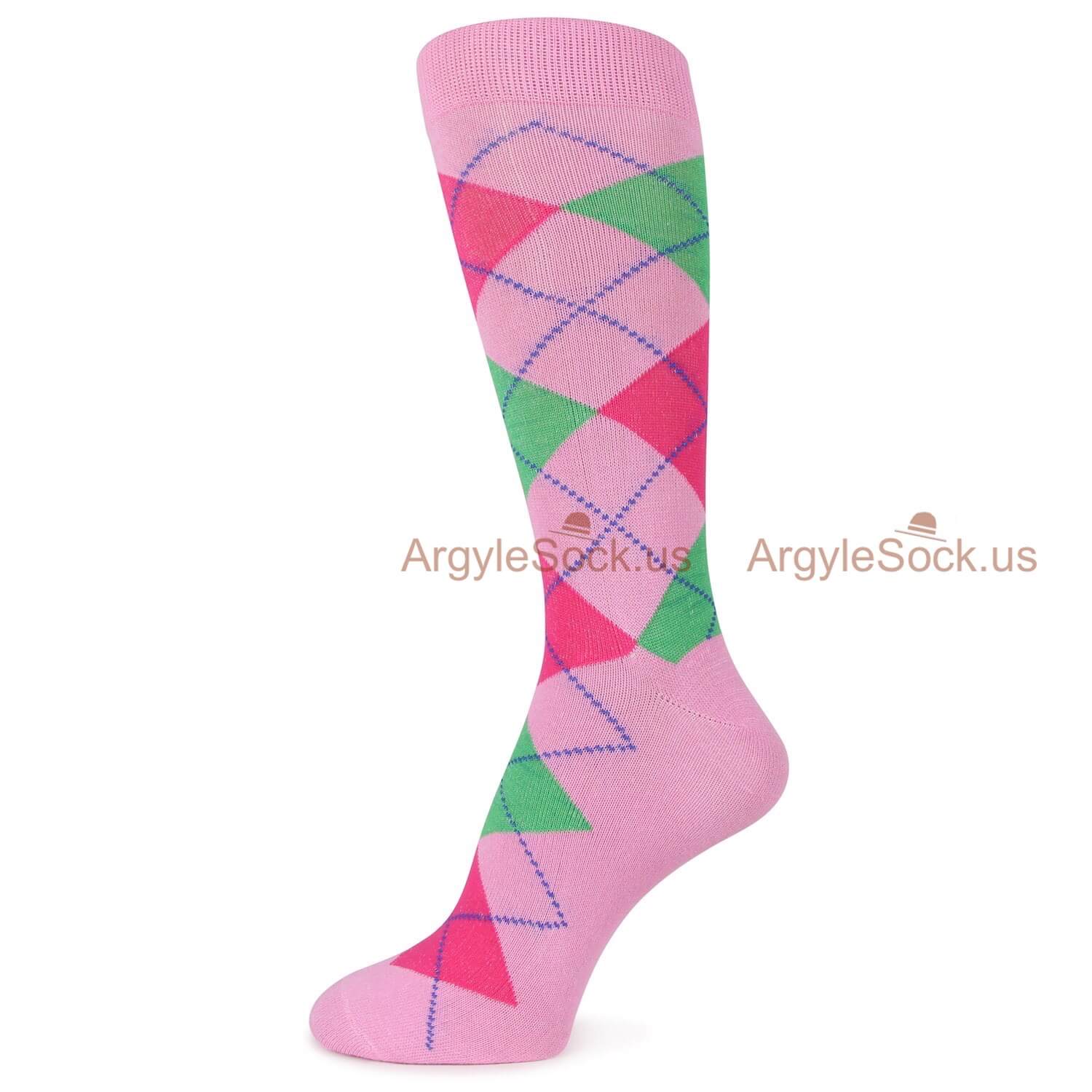 Pink and Green Argyle Themed Socks for Men