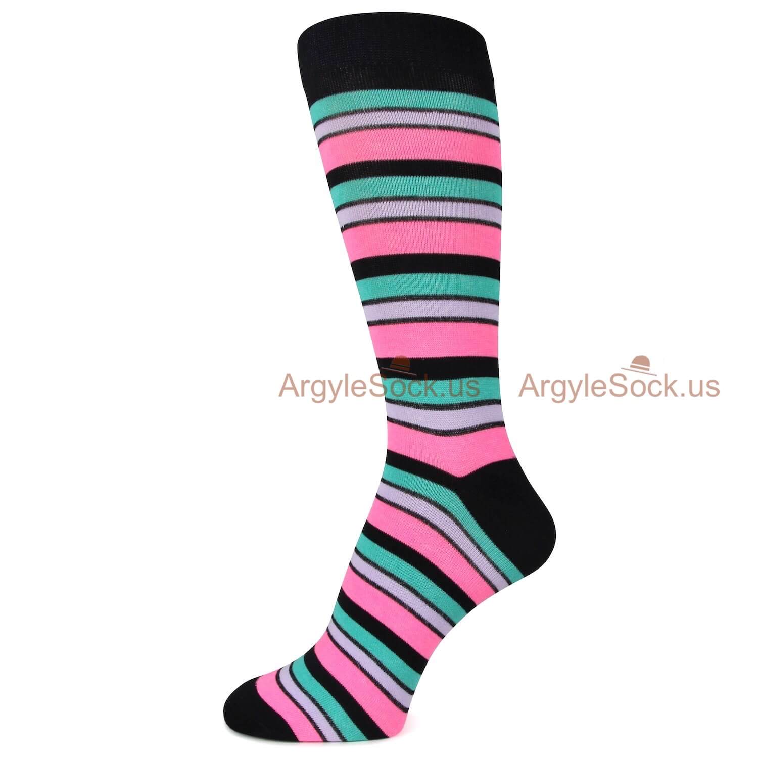 Black with Green Pink and Grey Lines Socks for Men