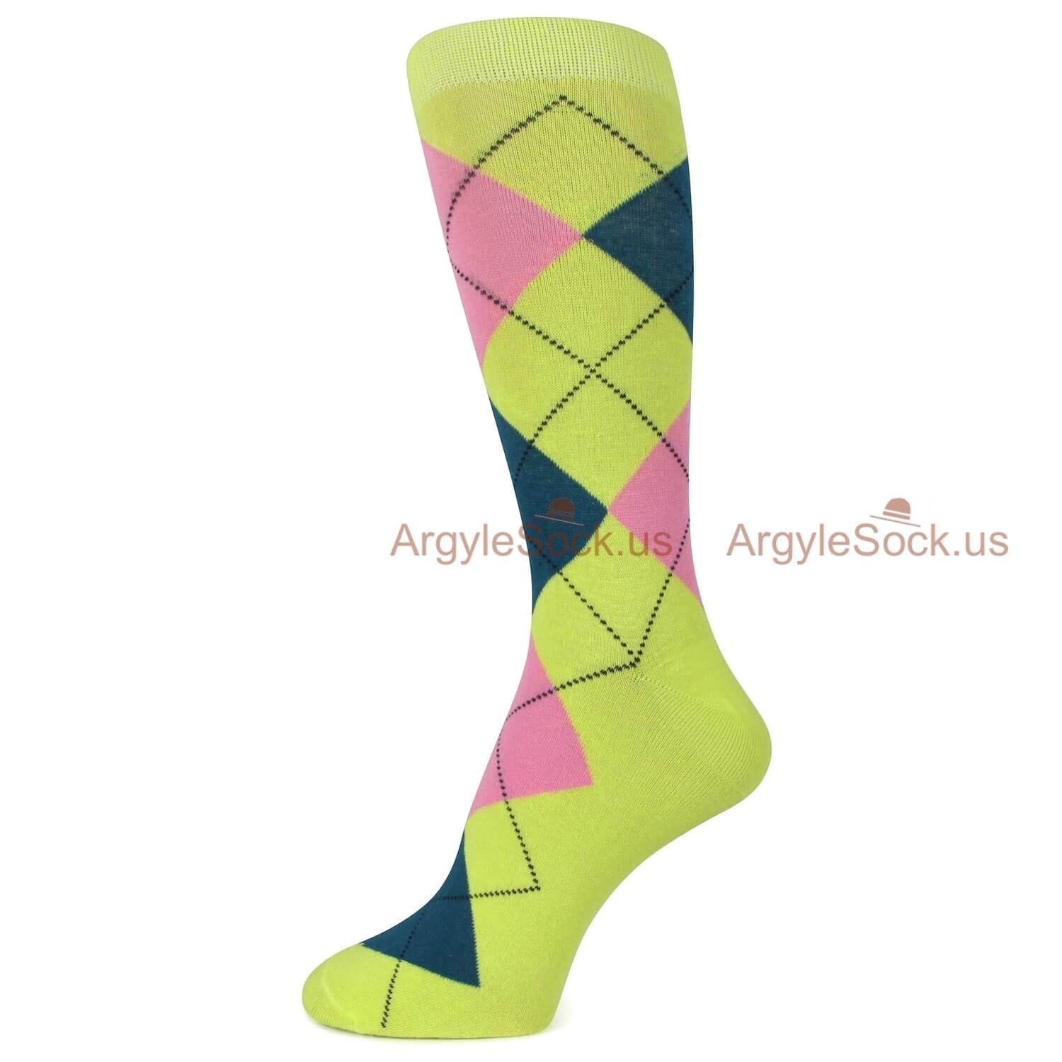 Lime Green and Pink Argyle Mens Socks