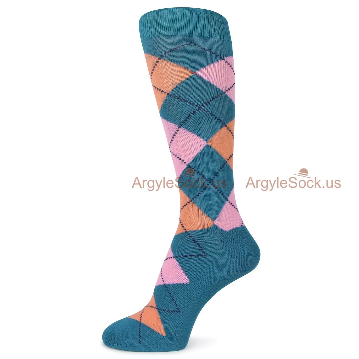Aqua Blue Pink and Peach Argyle Socks For Men