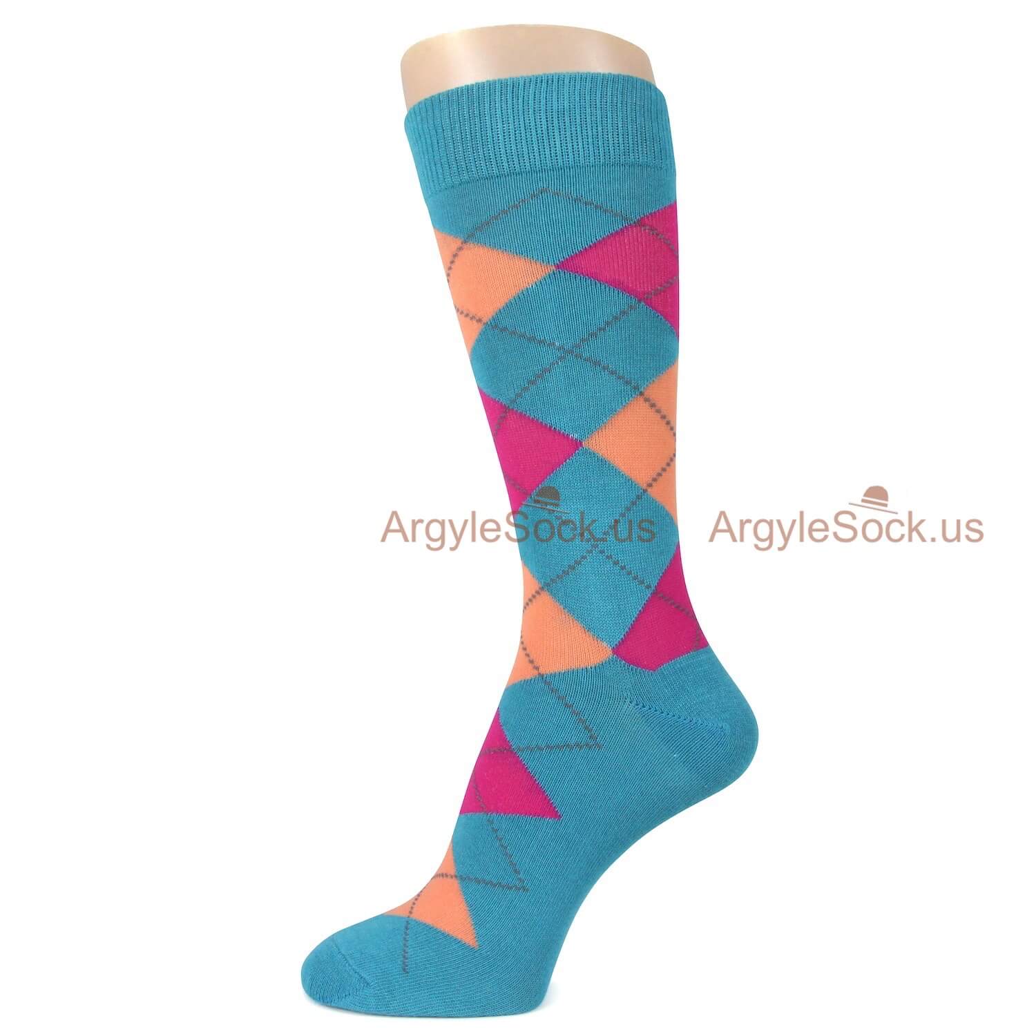 Turquoise Peach and Pink Argyle Socks for Men