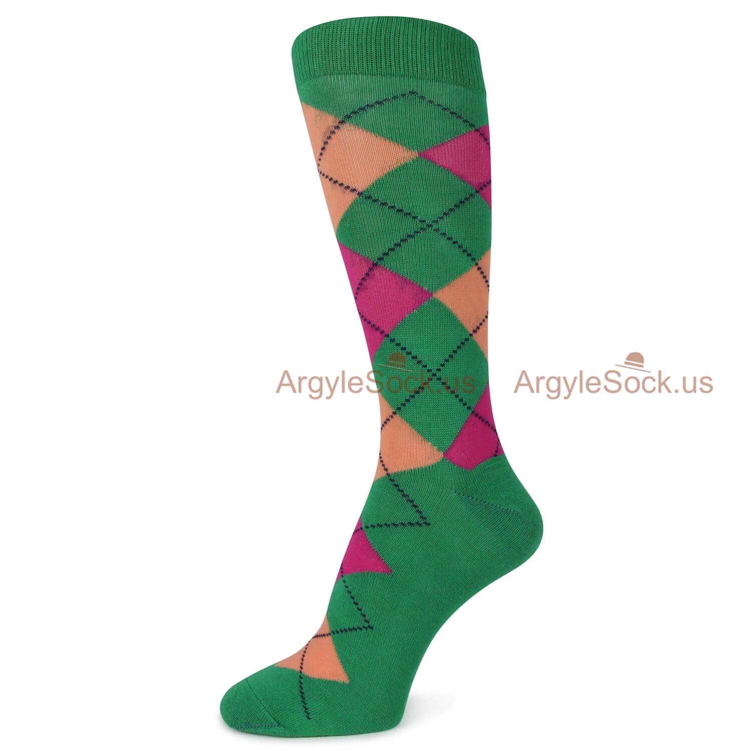 Green Peach and Pink Argyle Socks For Men