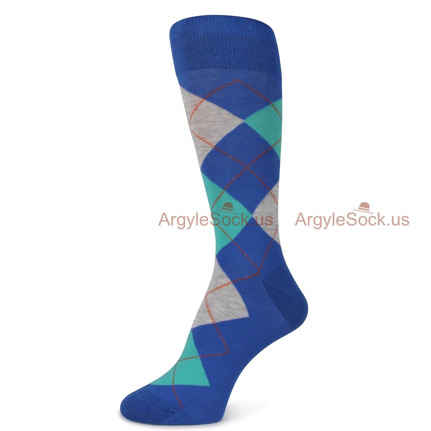 Blue Aqua and Gray Argyle Socks For Men