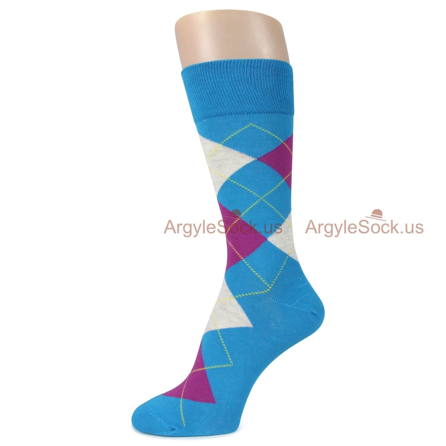 Light Blue White and Purple Argyle Socks For Men