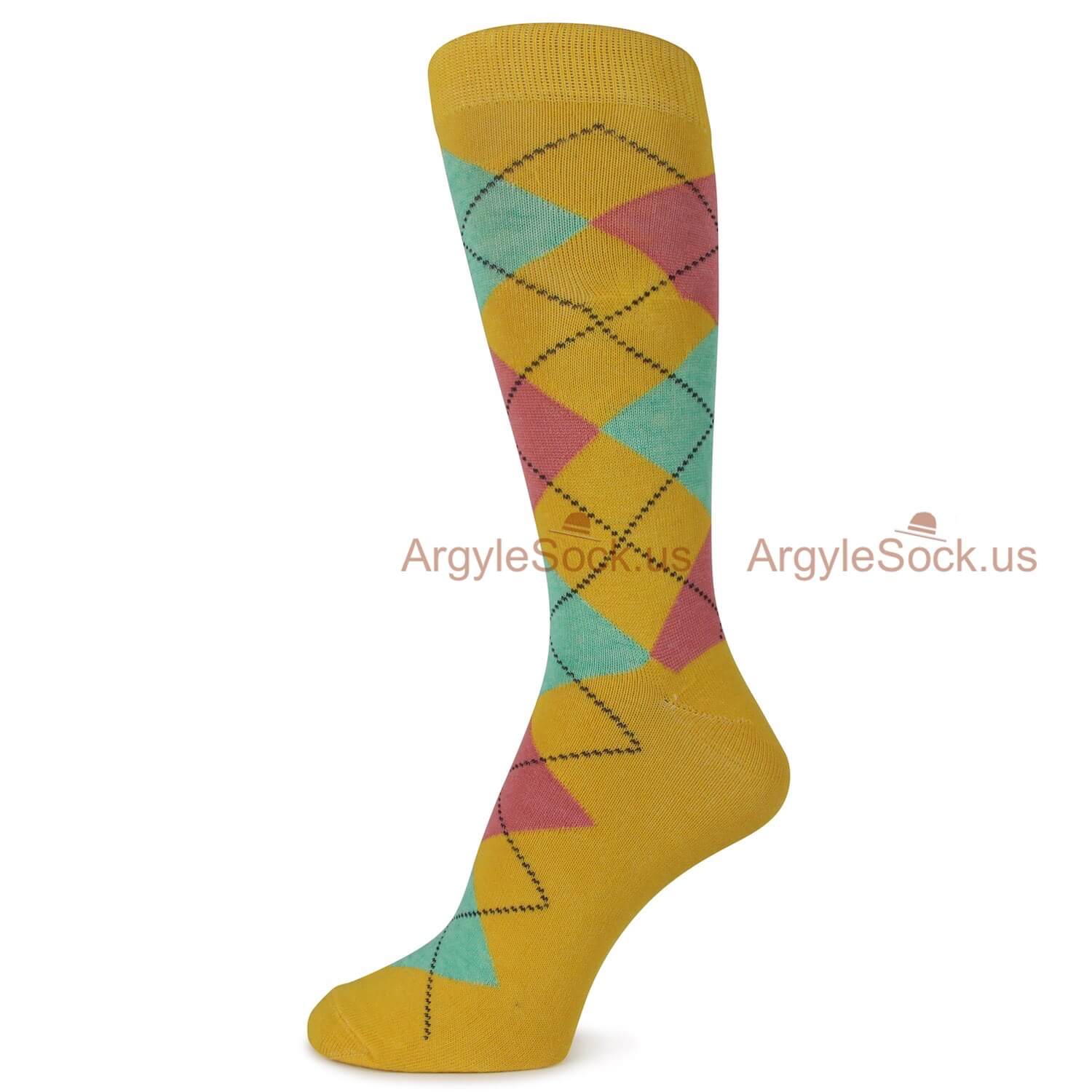 Yellow with Pink Colored Argyle Socks For Men