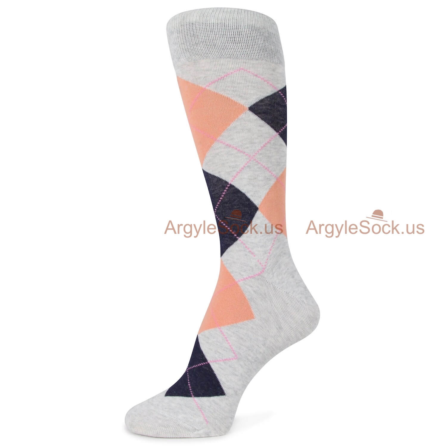 Grey Black and Peach Argyle Socks For Men