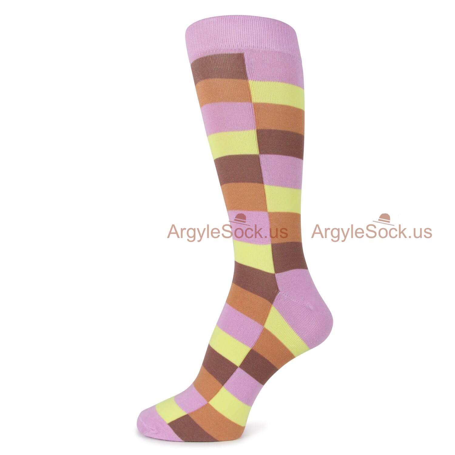 Lavender Brown and Yellow Square Print Mens Socks