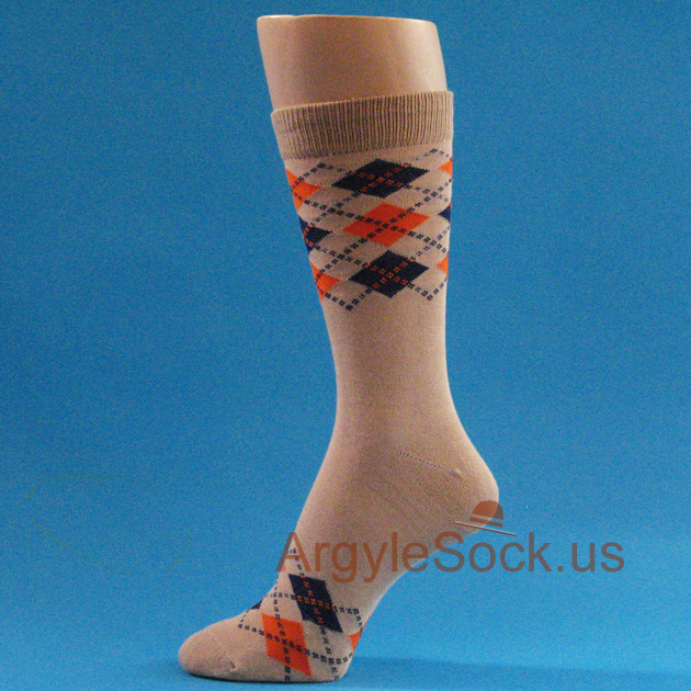 Beige (Nude) / Orange / Navy Blue Dress Argyle Man's Socks