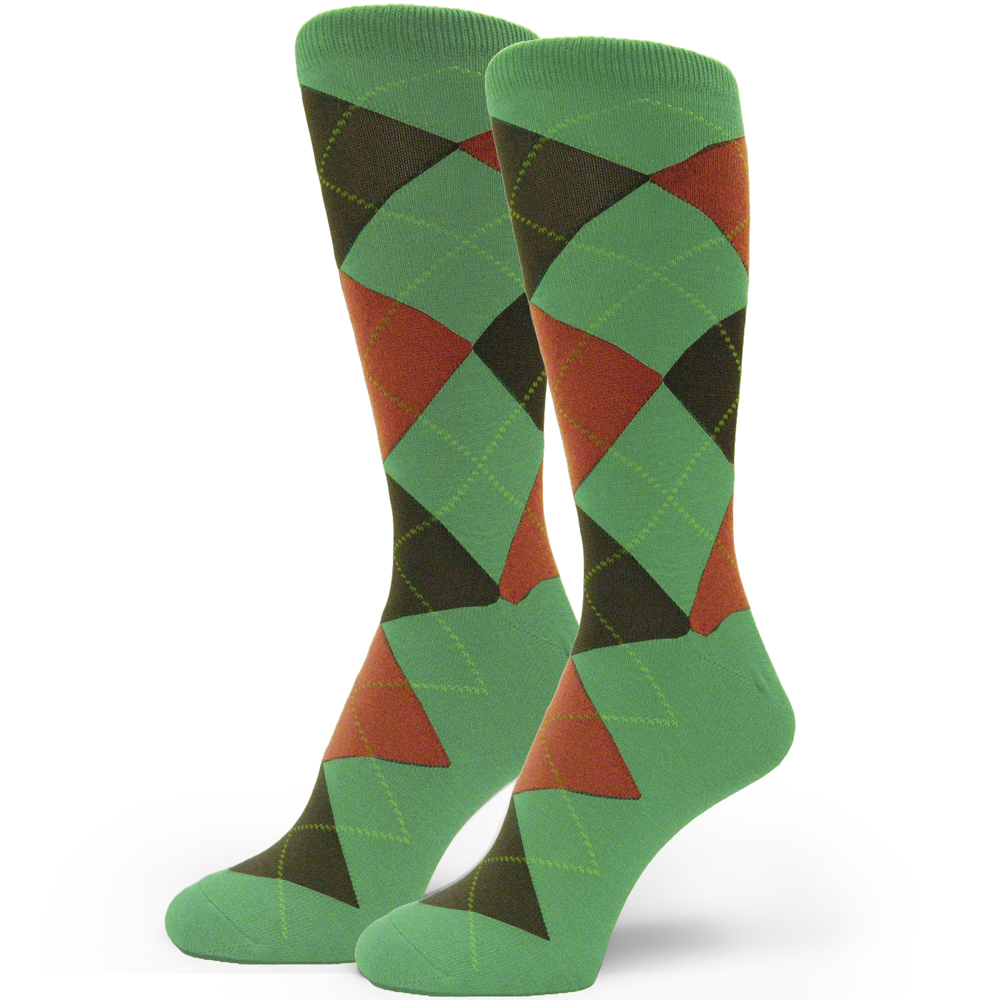 Light Green with Peach Brown Argyle Sock for Man