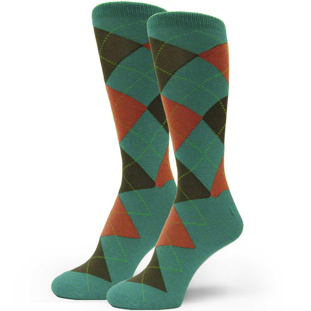 Teal Green with Peach Brown Argyle Sock for Man 1PR